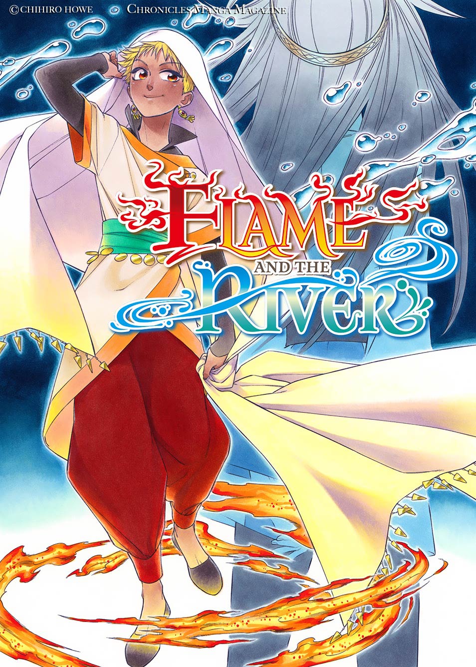 Flame_and_the_river Manga illustration depicting a dark-skinned young man and a female character from the back
